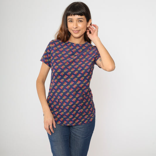 Vintage Dark Blue Mod Floral Top S