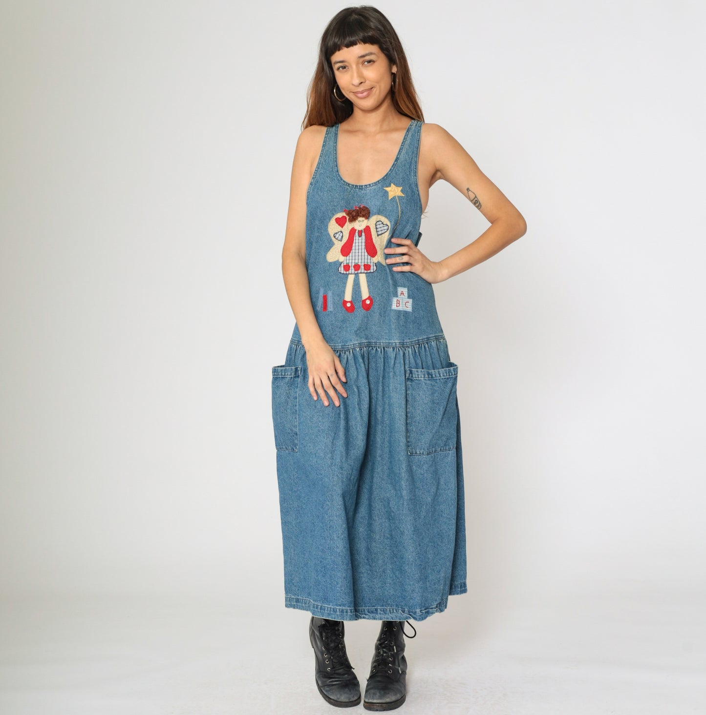 Vintage 90s Denim Teacher Dress with Angel Applique
