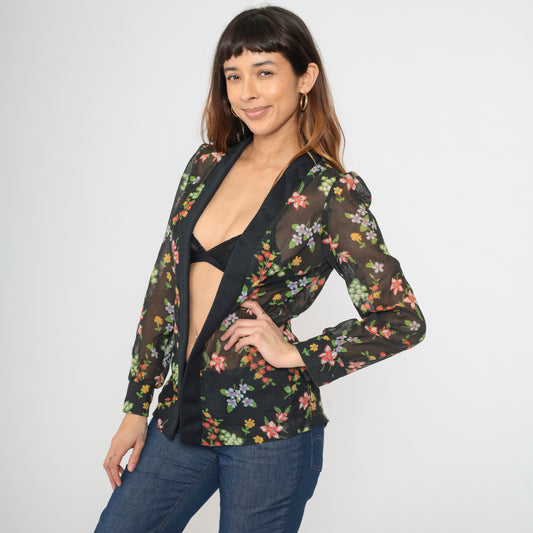 Vintage 70s Sheer Black Floral Puff Sleeve Top M