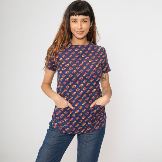 Vintage Dark Blue Mod Floral Top S