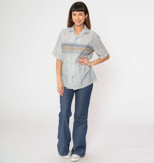 Vintage 80s Grey Striped Button Up Shirt Men's M