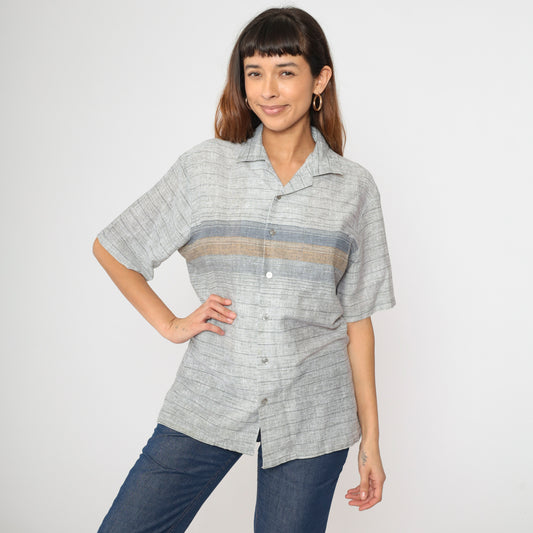 Vintage 80s Grey Striped Button Up Shirt Men's M