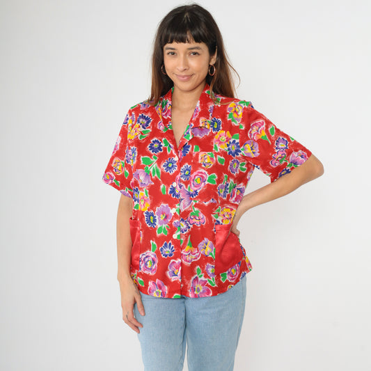 90s Red Floral Button Up Blouse M