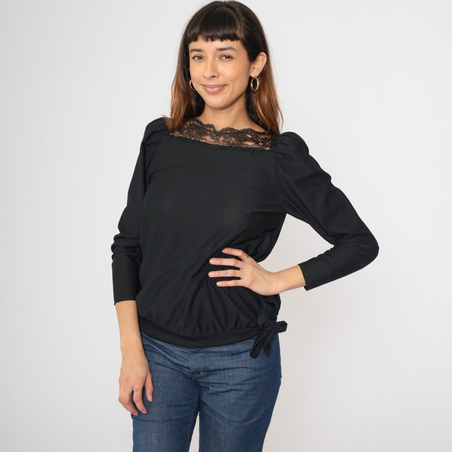 Vintage Black Lace Trim Puff Sleeve Blouse XS