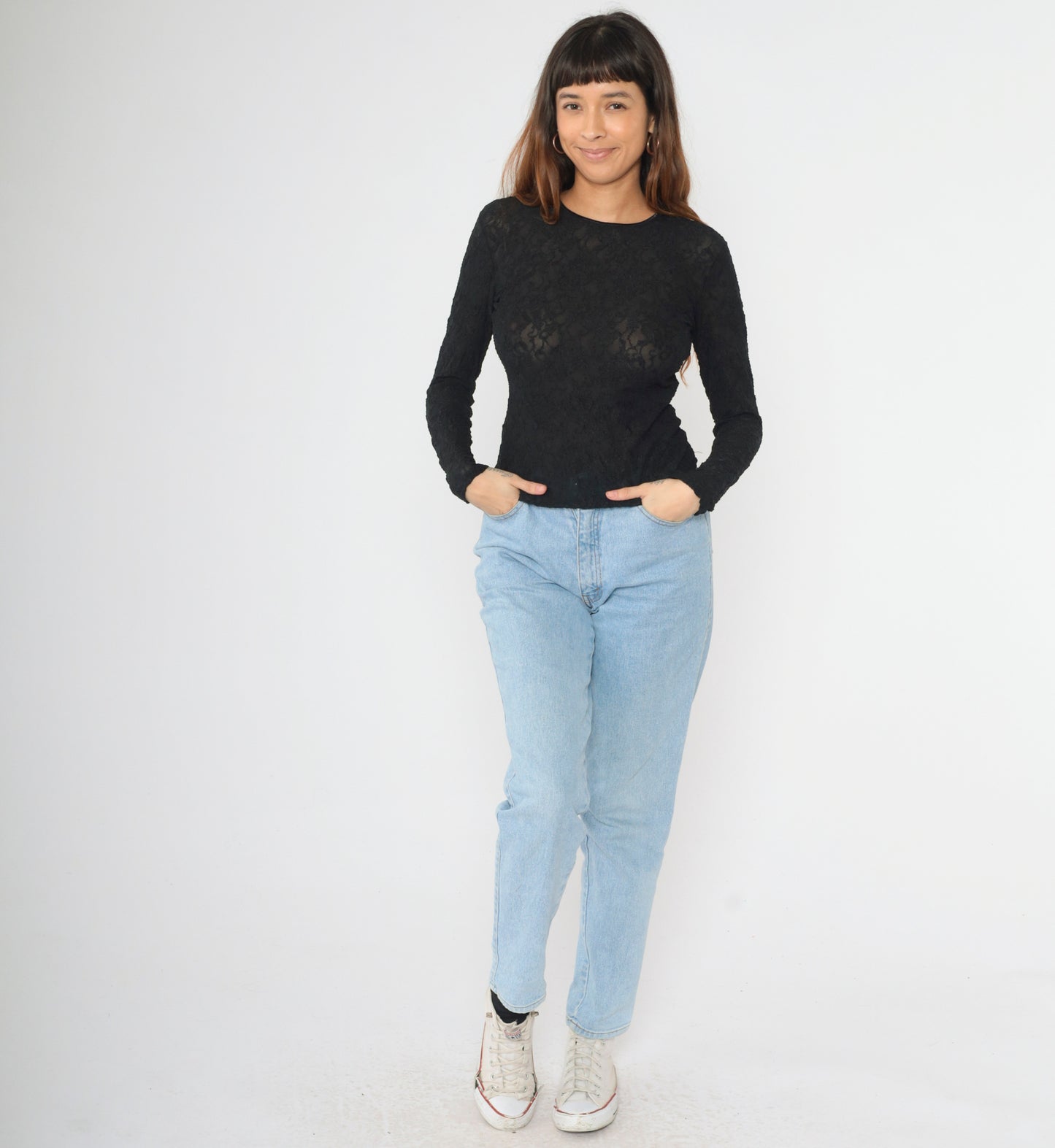 Y2K Sheer Black Lace Shirt S