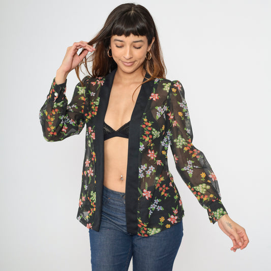 Vintage 70s Sheer Black Floral Puff Sleeve Top M