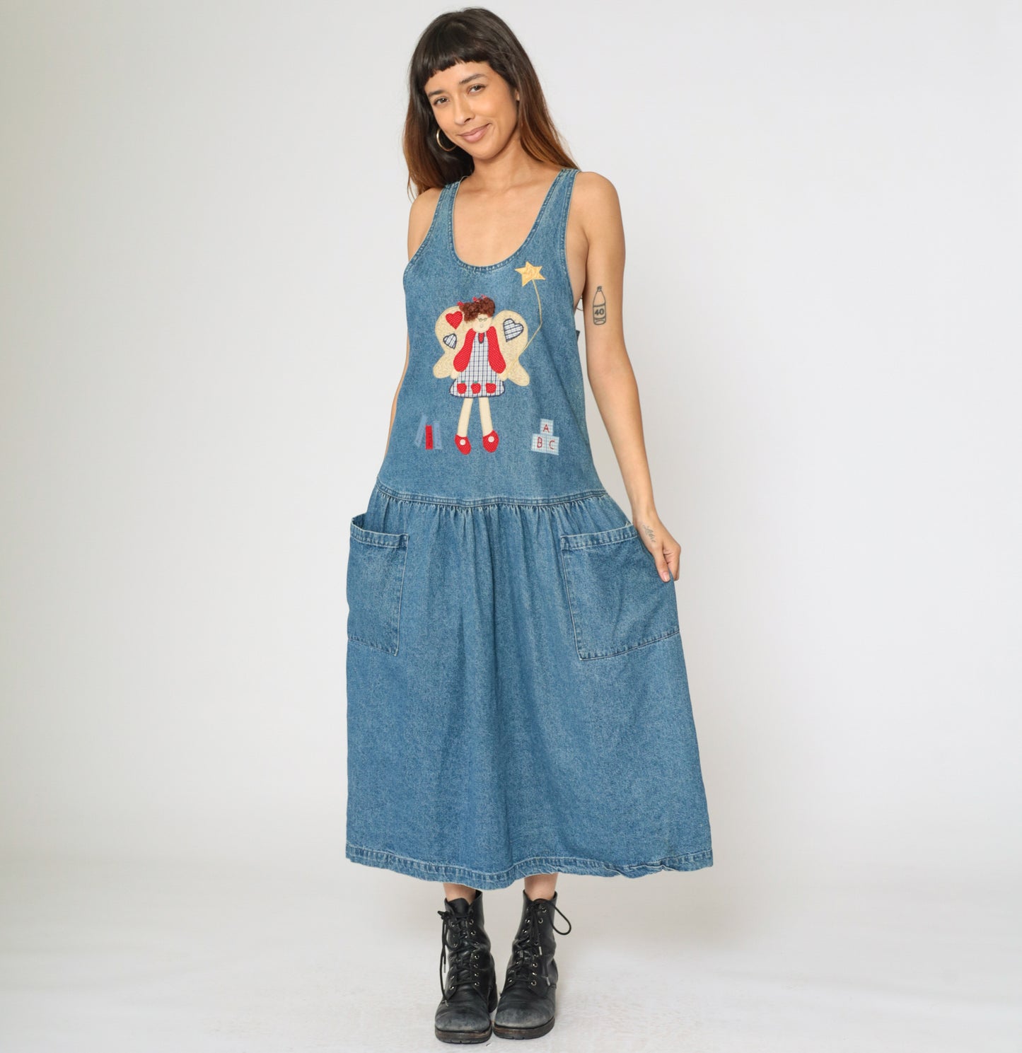 Vintage 90s Denim Teacher Dress with Angel Applique