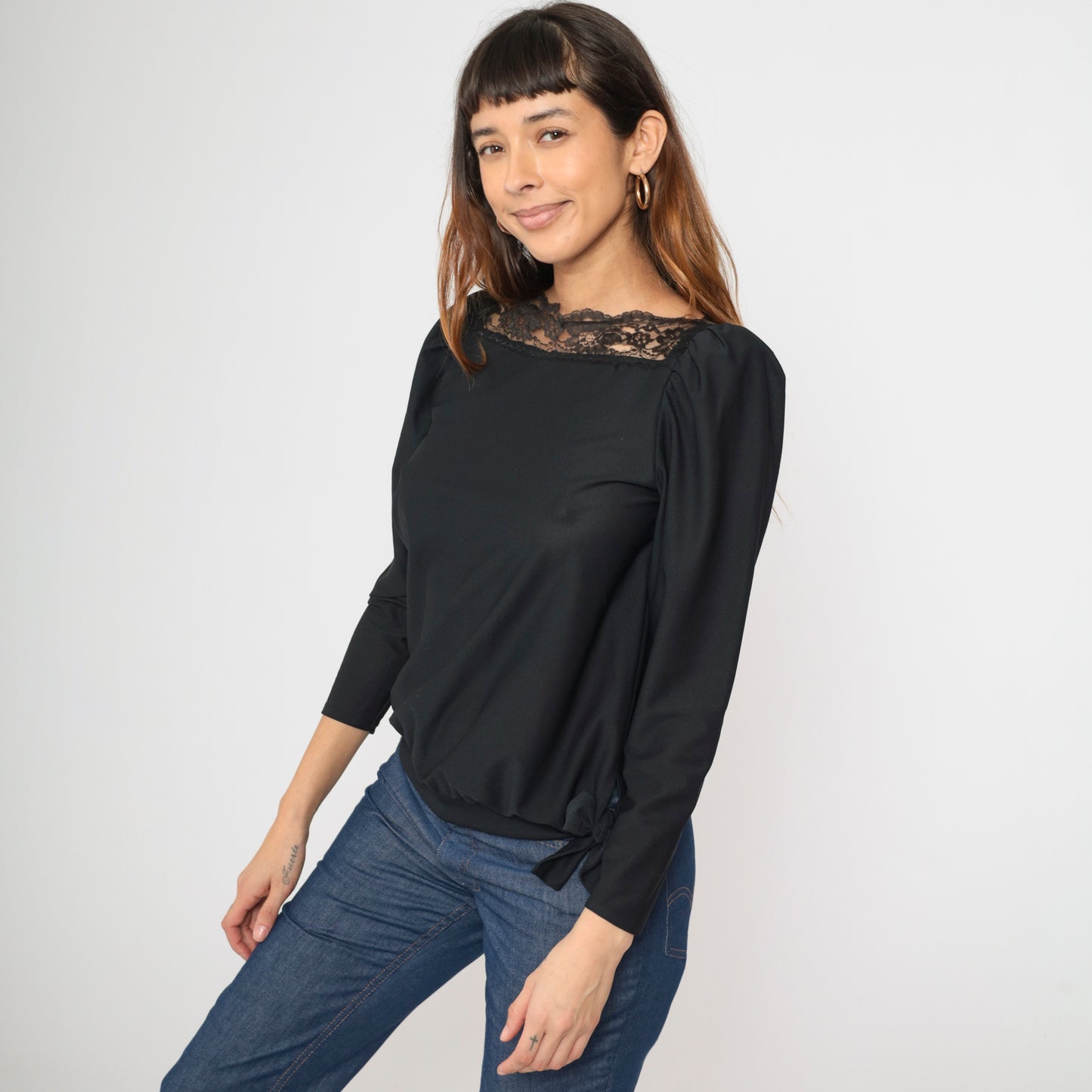 Vintage Black Lace Trim Puff Sleeve Blouse XS