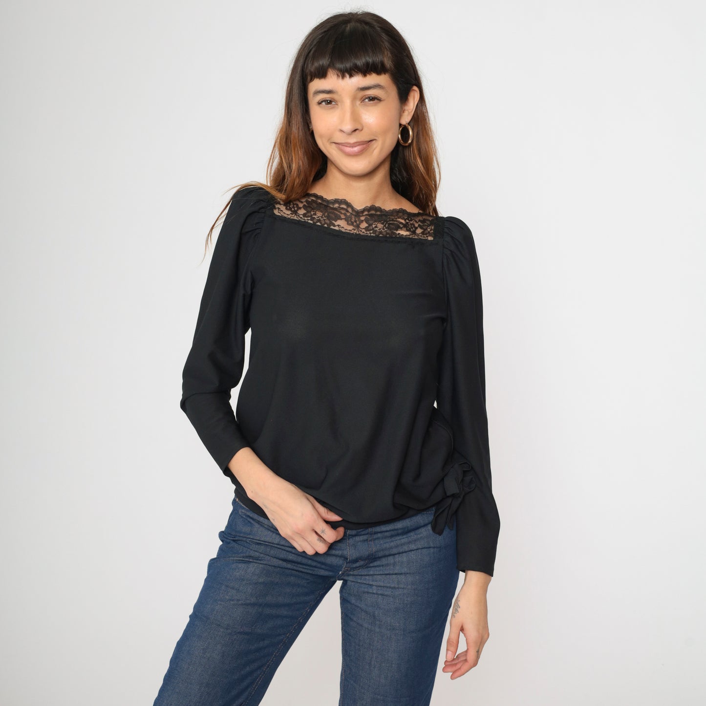 Vintage Black Lace Trim Puff Sleeve Blouse XS