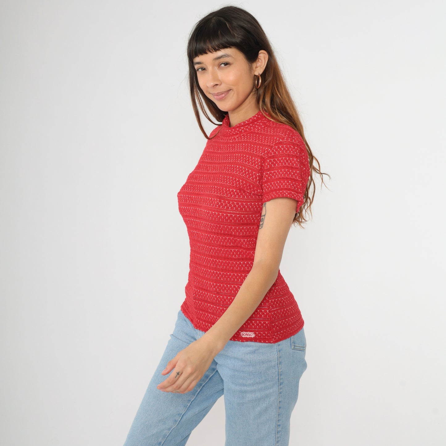 90s Bongo Red Pointelle Knit Shirt M
