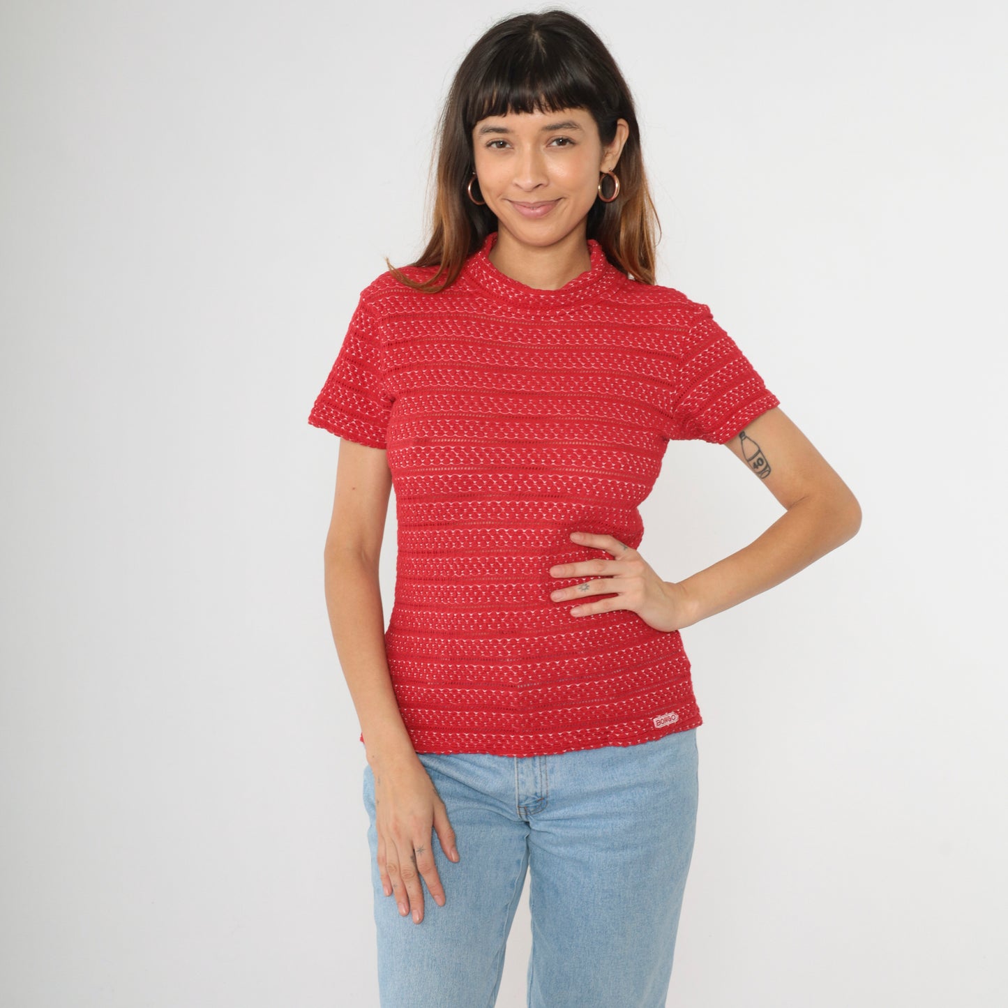 90s Bongo Red Pointelle Knit Shirt M