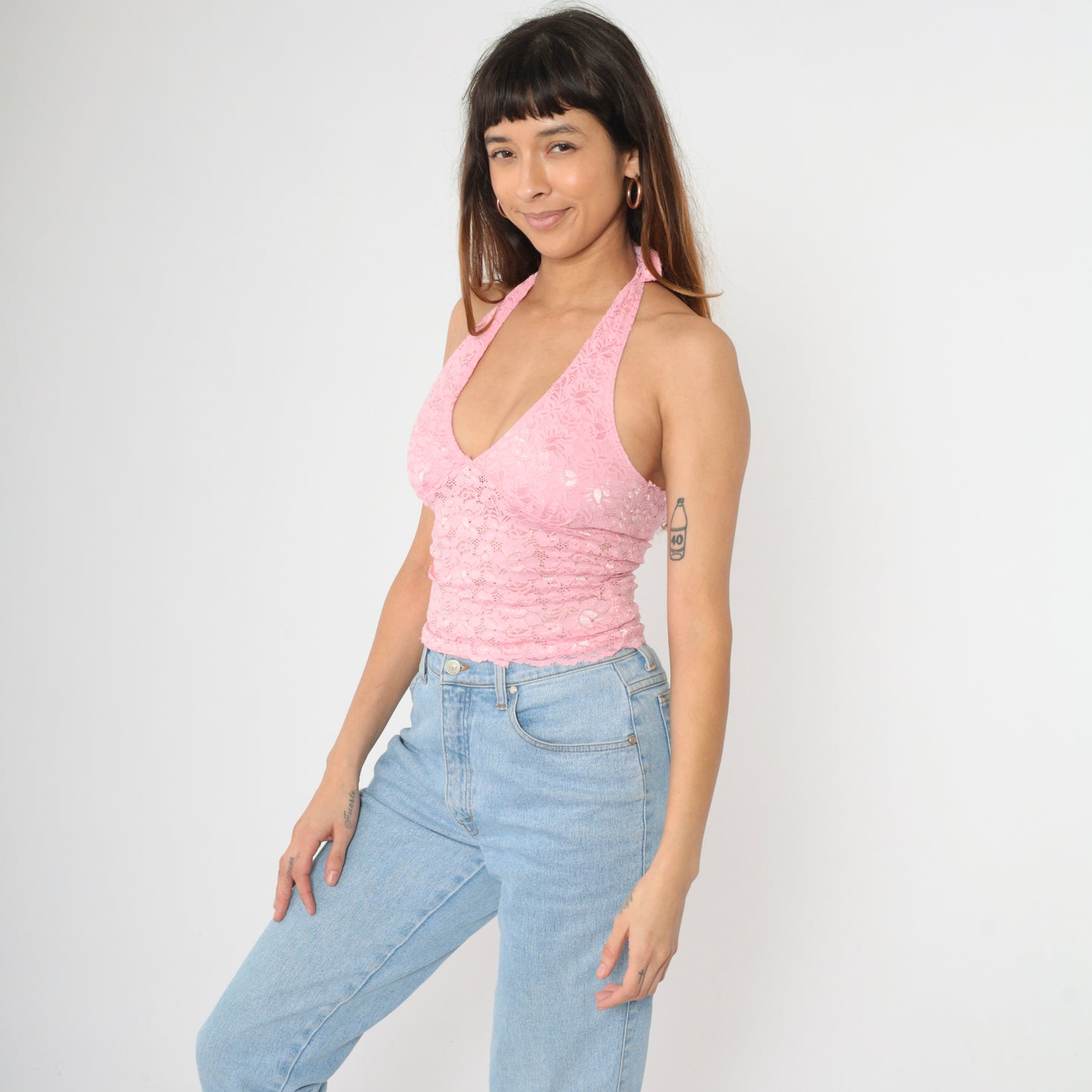 Y2K Pink Lace Halter Top M