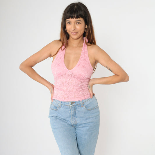 Y2K Pink Lace Halter Top M