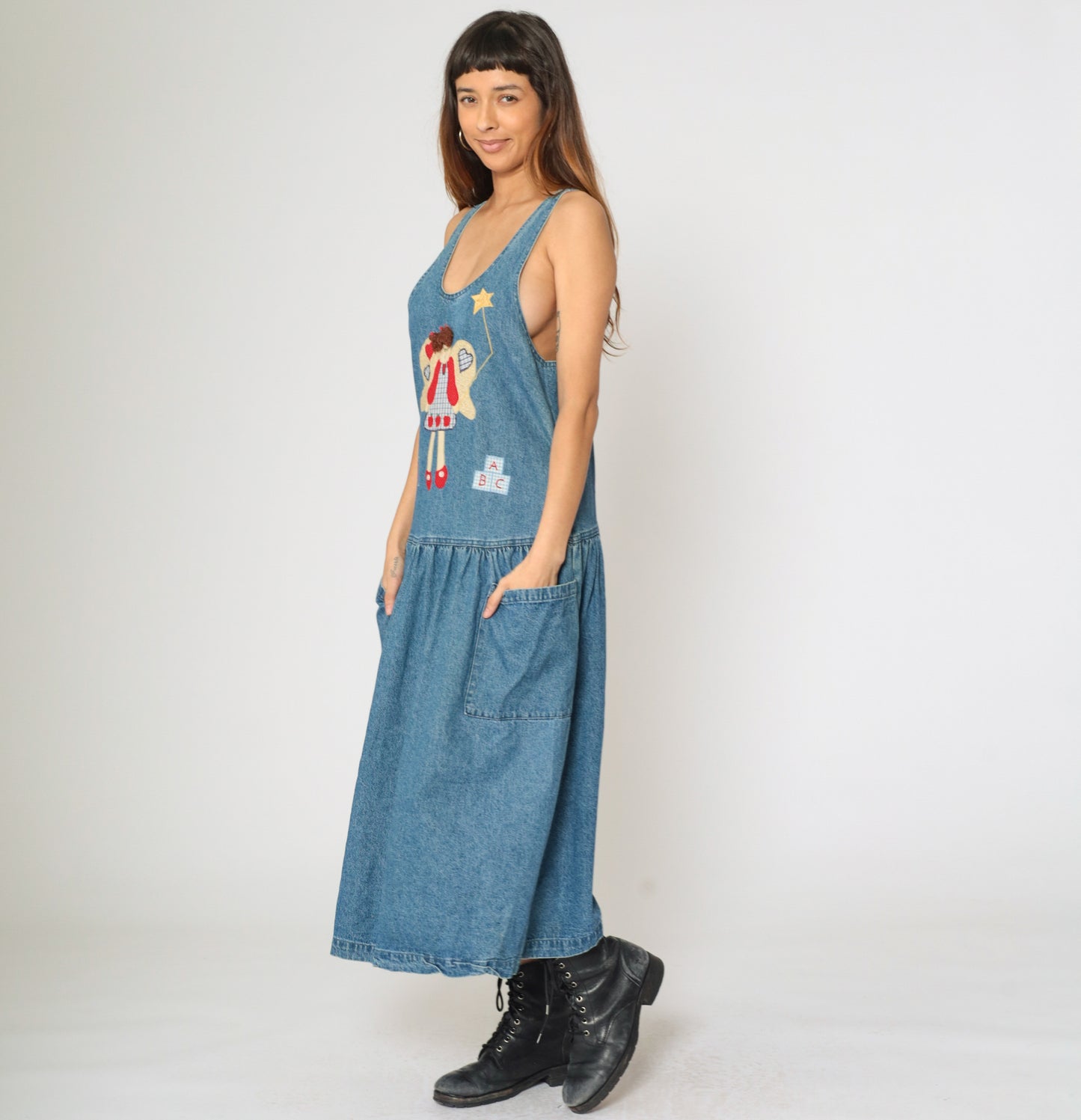 Vintage 90s Denim Teacher Dress with Angel Applique