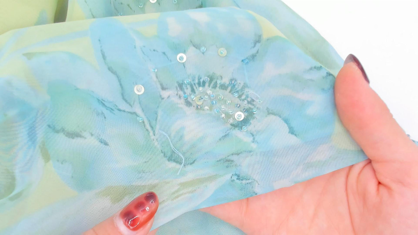 90s Plaza South Floral Chiffon Maxi Dress Aqua Lime Sequin V-Neck Extra Large XXL