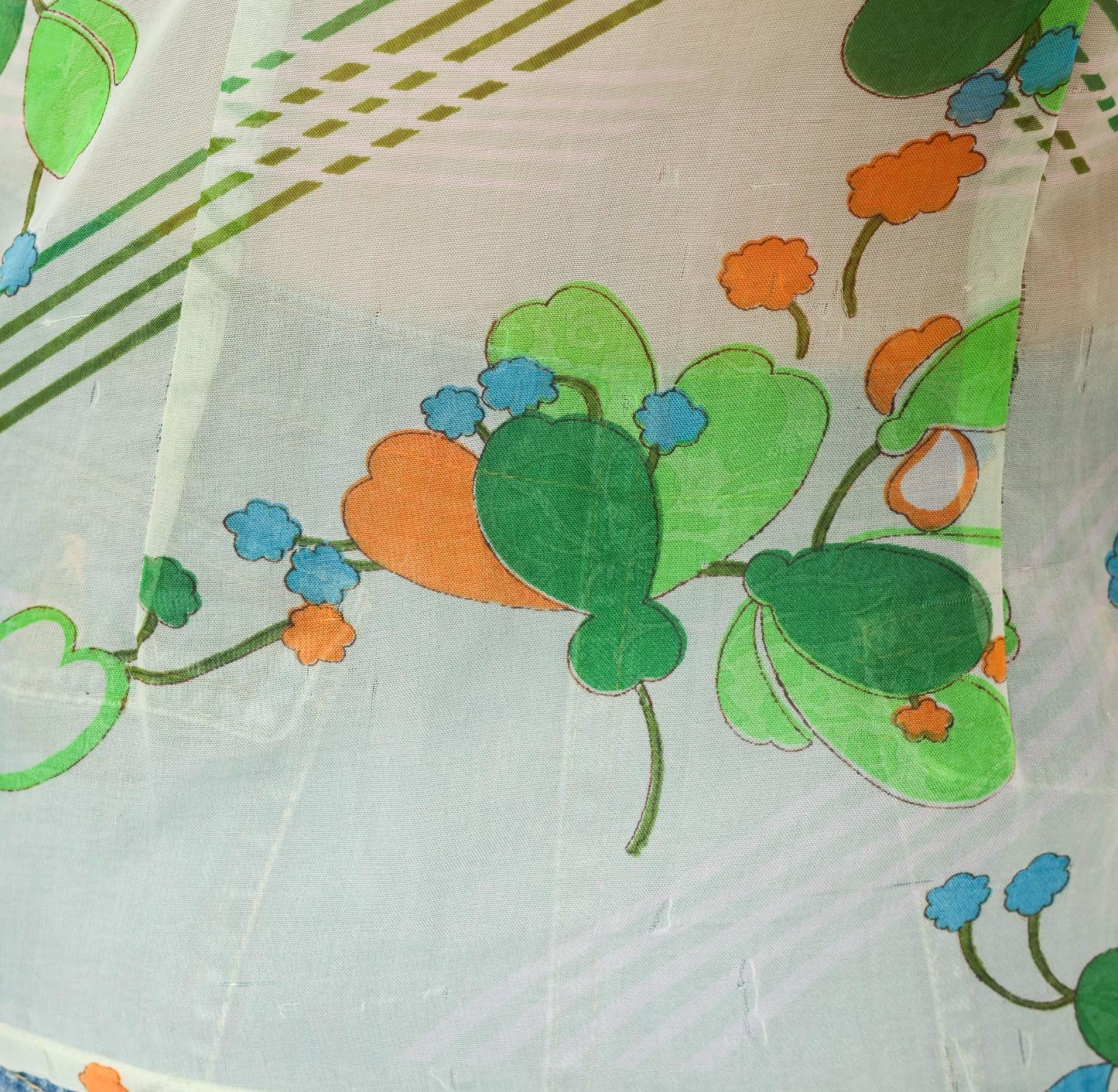 70s Nobel Floral Button-Up Blouse Mint Green Blue Orange Pointed Collar Small