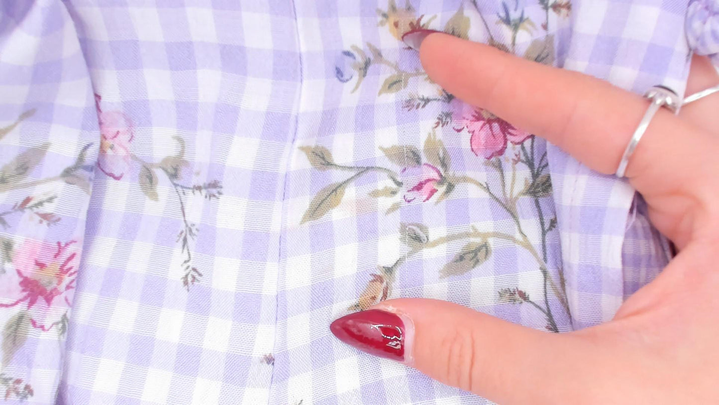 90s Sarah Richards Plus Lavender Gingham Floral Dress Flutter Sleeve A-Line Extra Large XXL