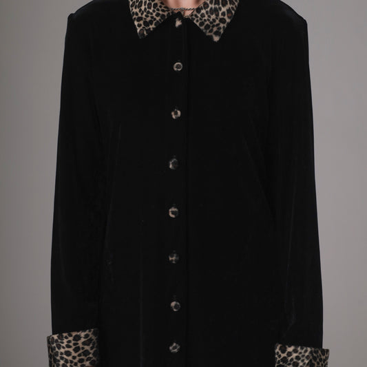 90s Black Coat with Leopard Print