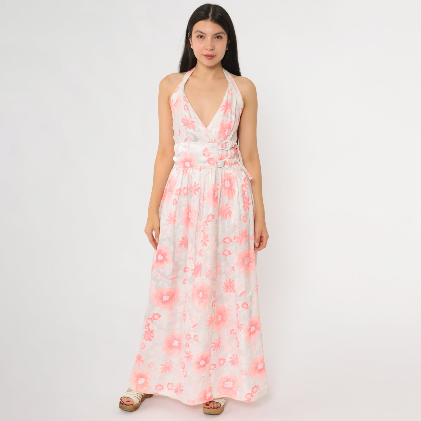 70s Courrèges Paris Wrap Dress Halter Neck Floral Print Vintage Couture French Designer Gown Double Belted Waist Pink White Extra Small XS 0