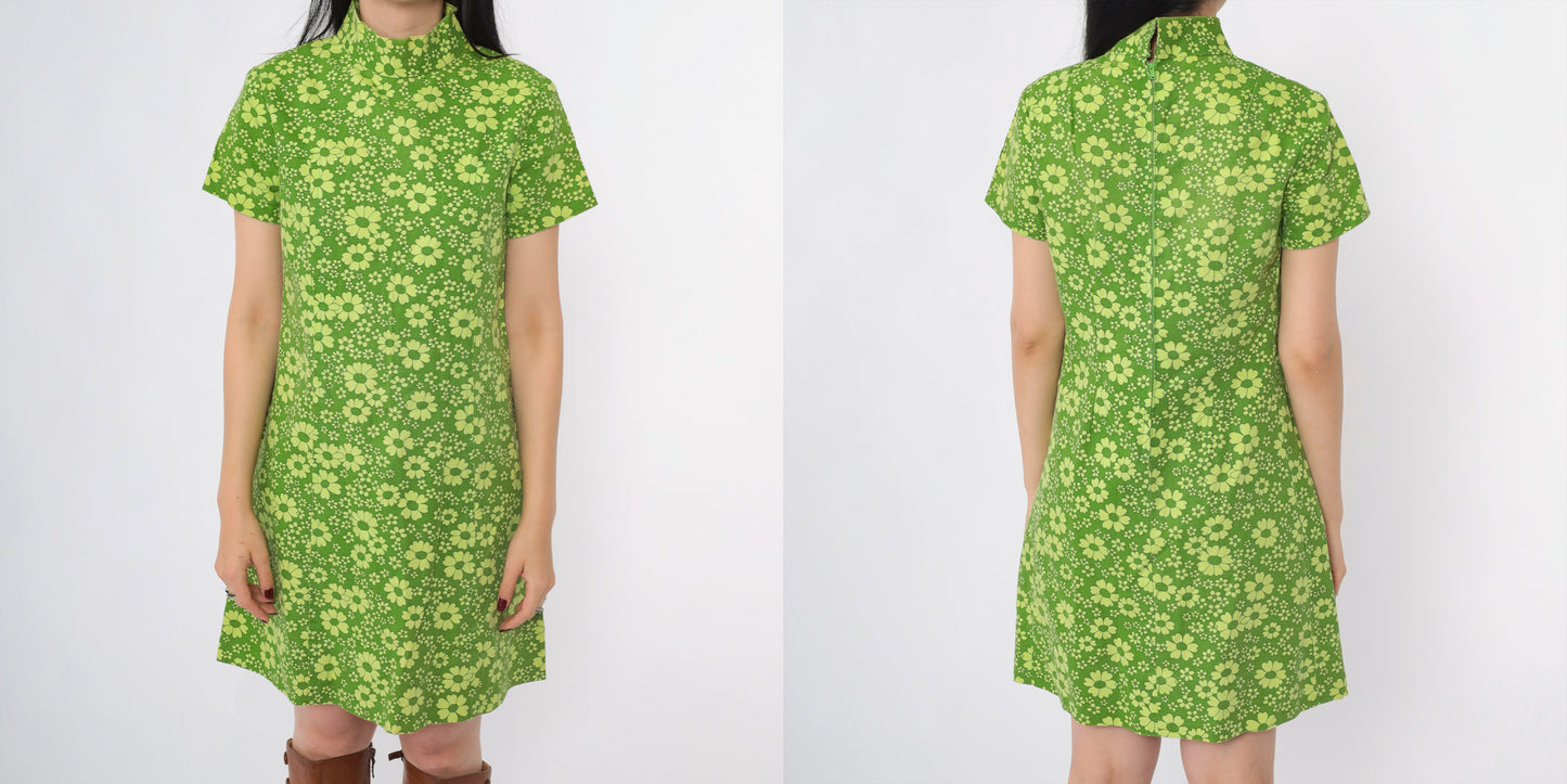 Vintage 60s Green Daisy Print Mod Mini Dress S