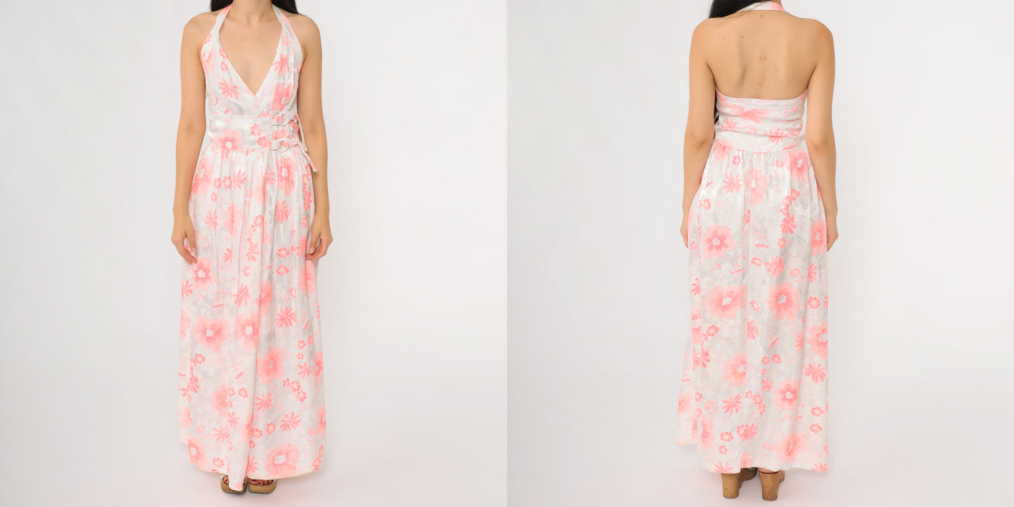 70s Courrèges Paris Wrap Dress Halter Neck Floral Print Vintage Couture French Designer Gown Double Belted Waist Pink White Extra Small XS 0