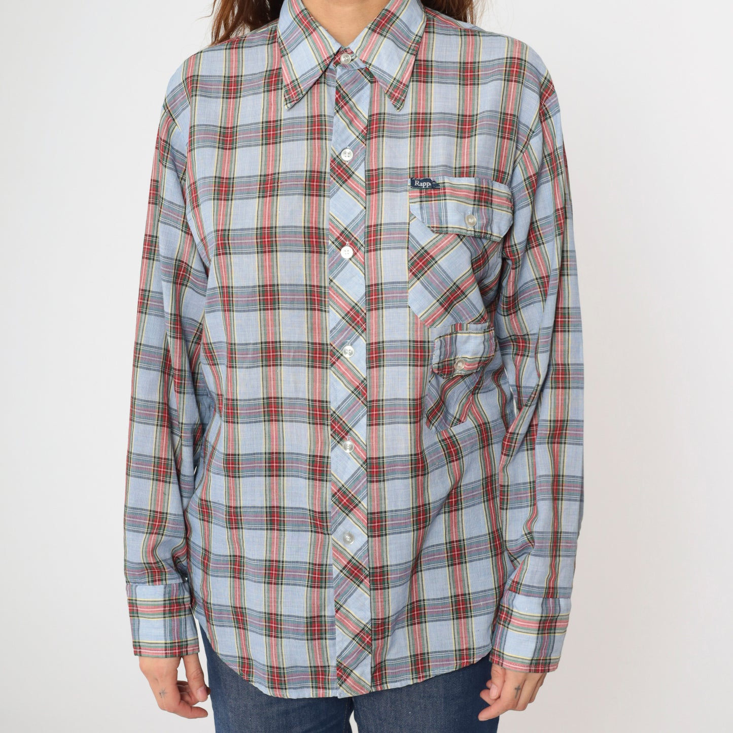 70s Light Blue Plaid Shirt Men's Medium 15-15 1/2