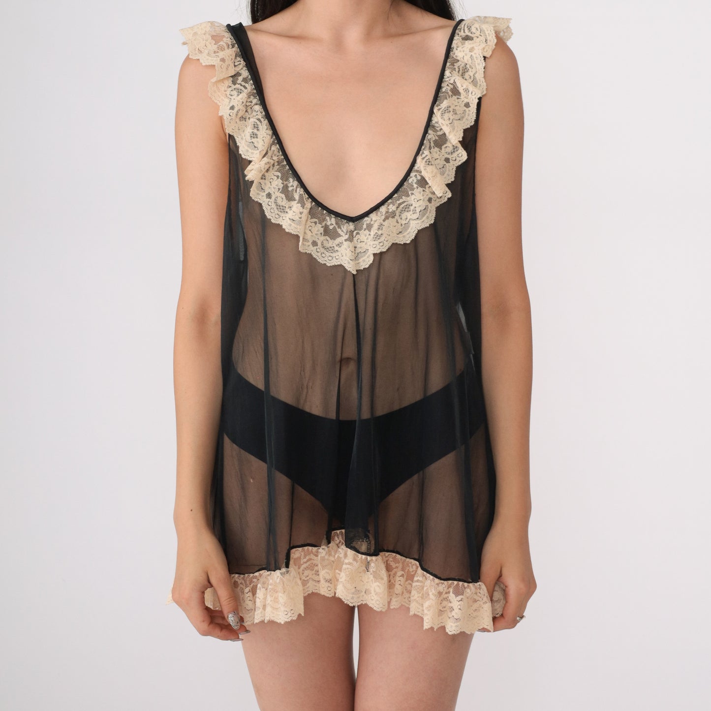 70's Black Sheer and Cream Lace Mini Dress