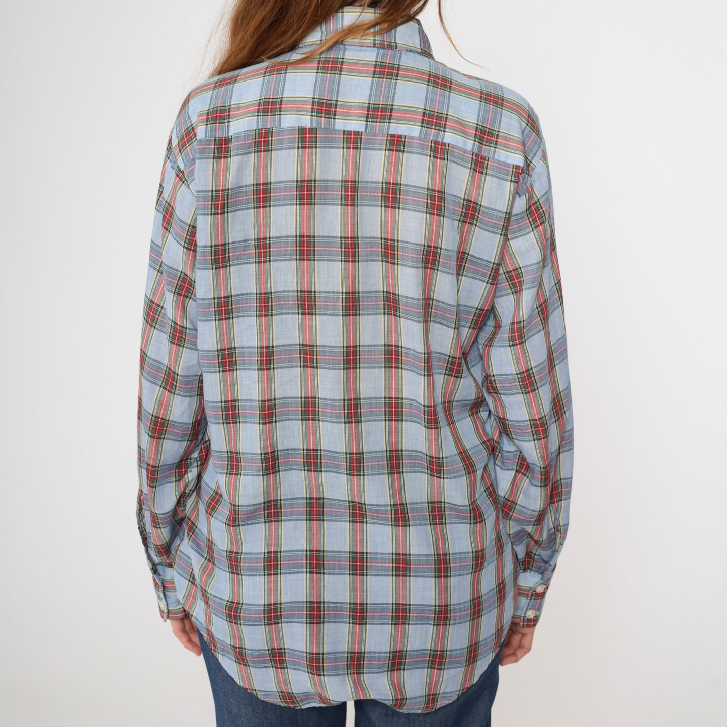 70s Light Blue Plaid Shirt Men's Medium 15-15 1/2