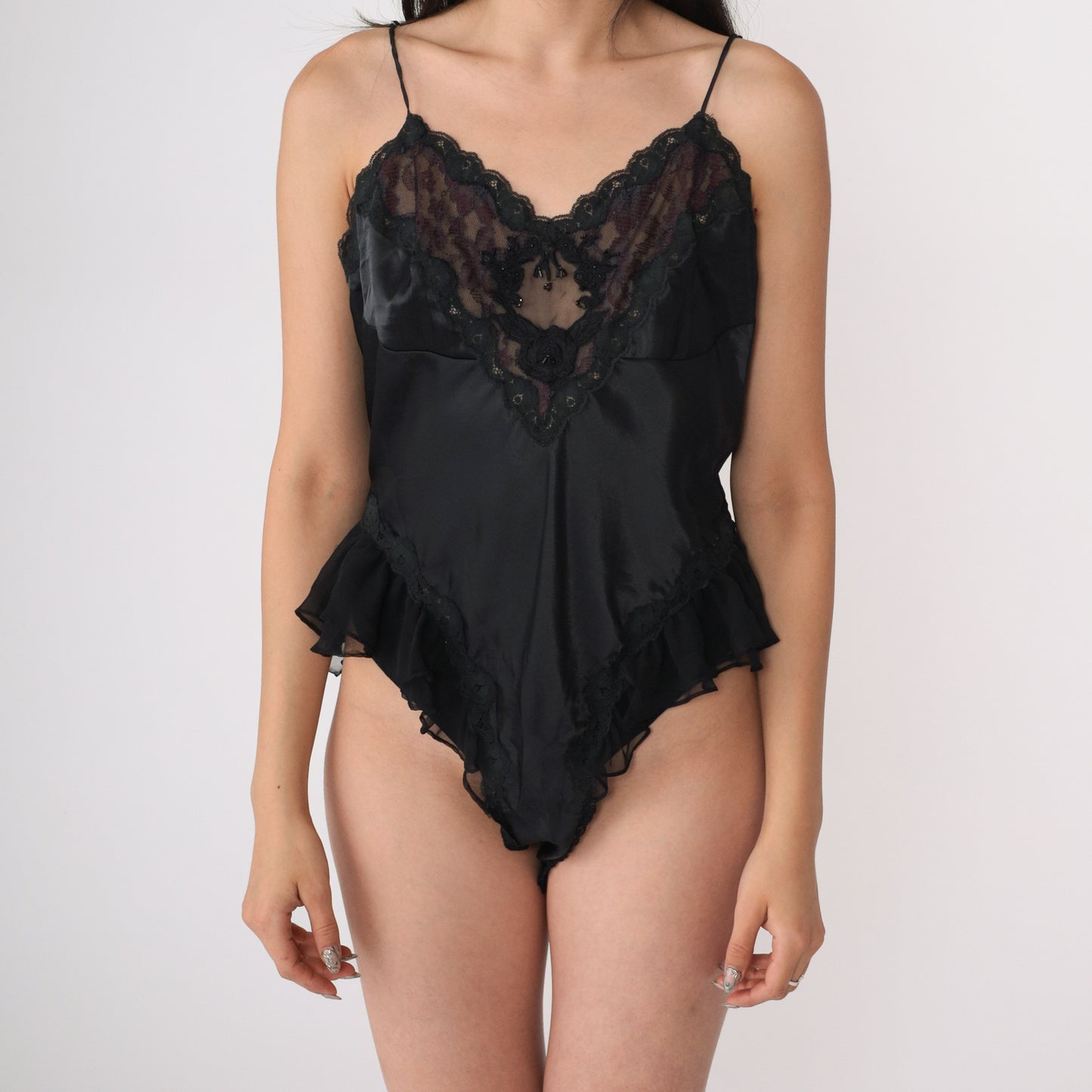 80's Black Ruffled Lace Teddy