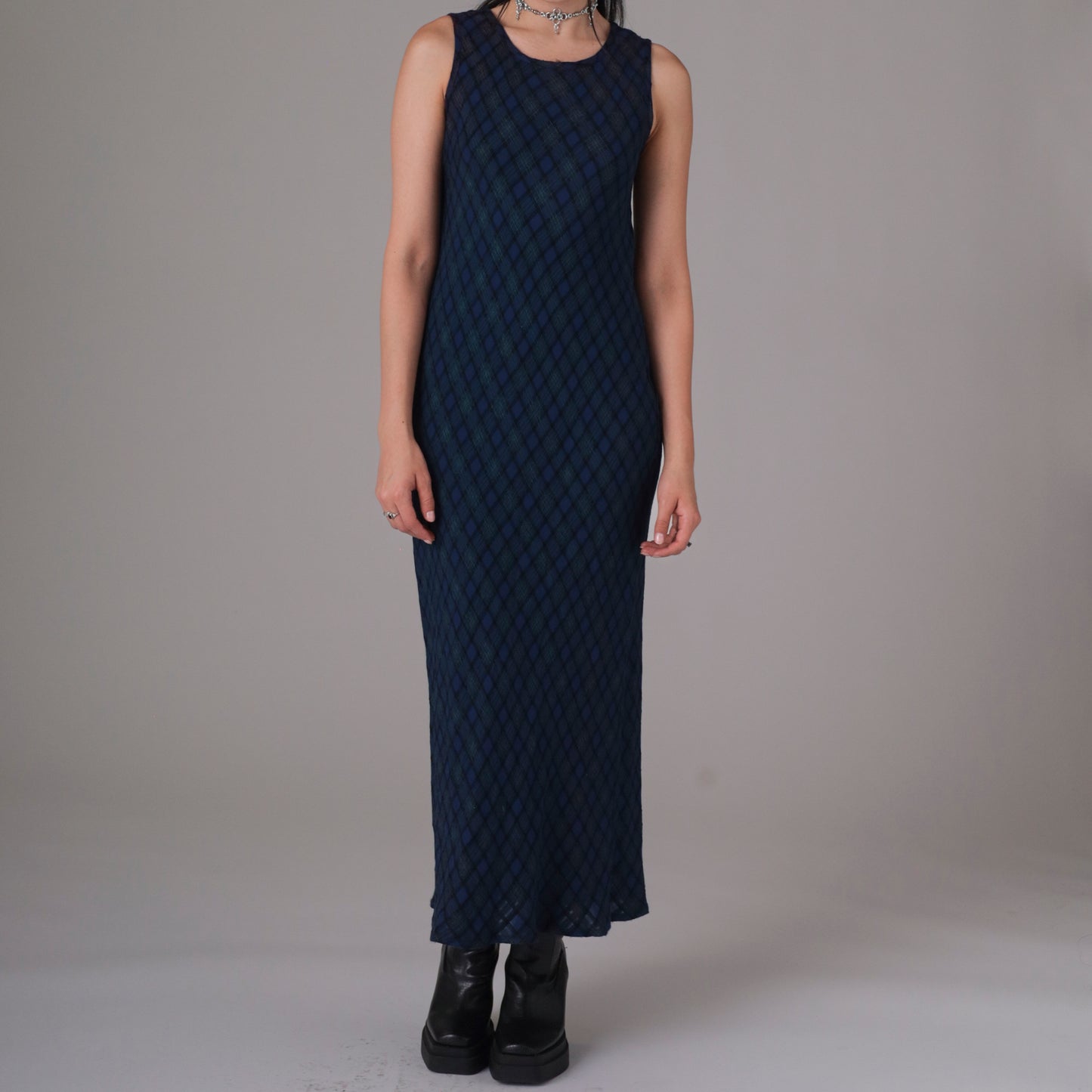 90s Blue Plaid Maxi Dress