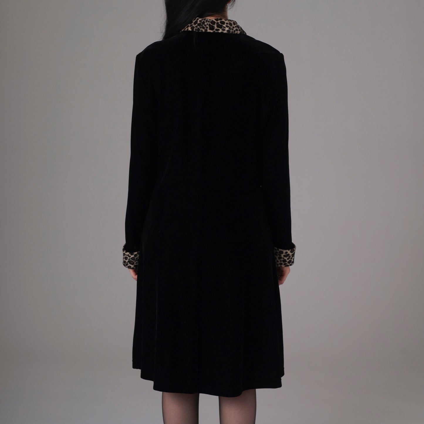 90s Black Coat with Leopard Print