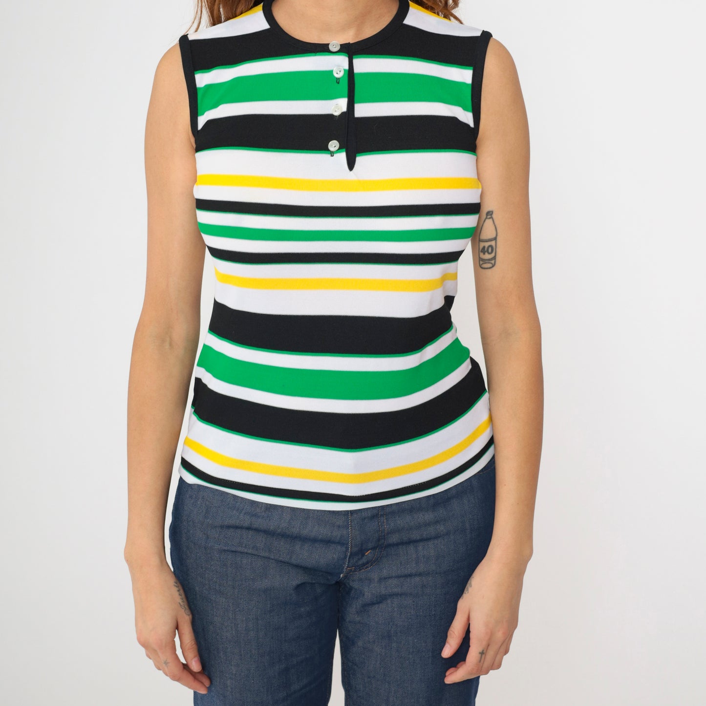 70s Mod Striped Henley Tank Top S