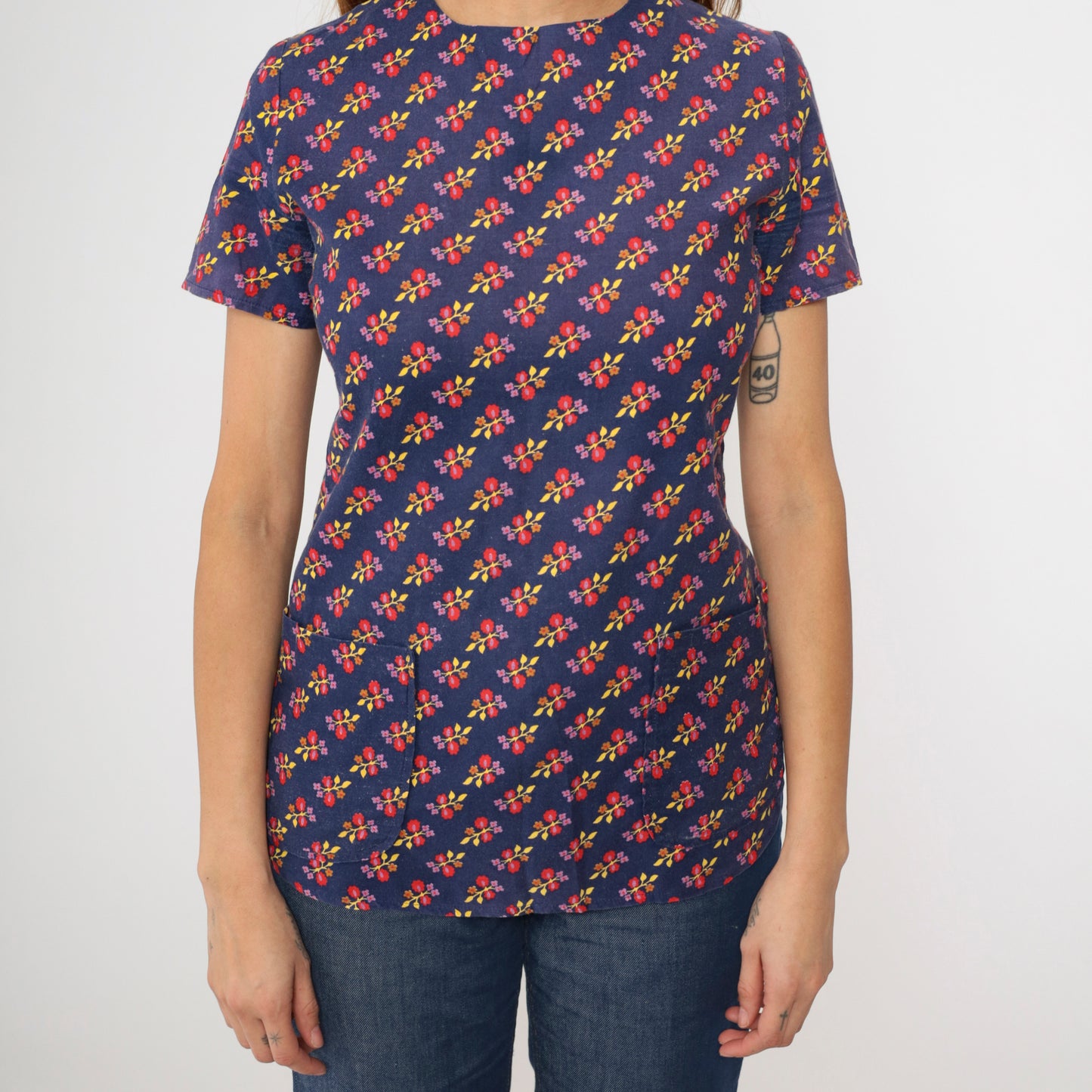 Vintage Dark Blue Mod Floral Top S