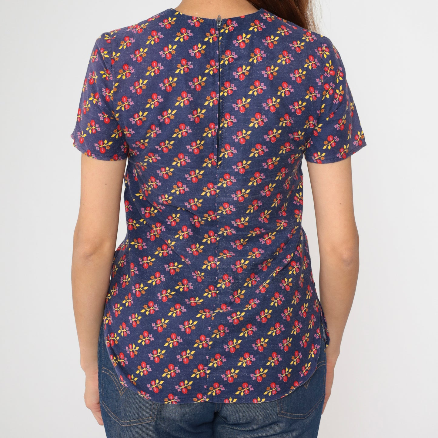 Vintage Dark Blue Mod Floral Top S