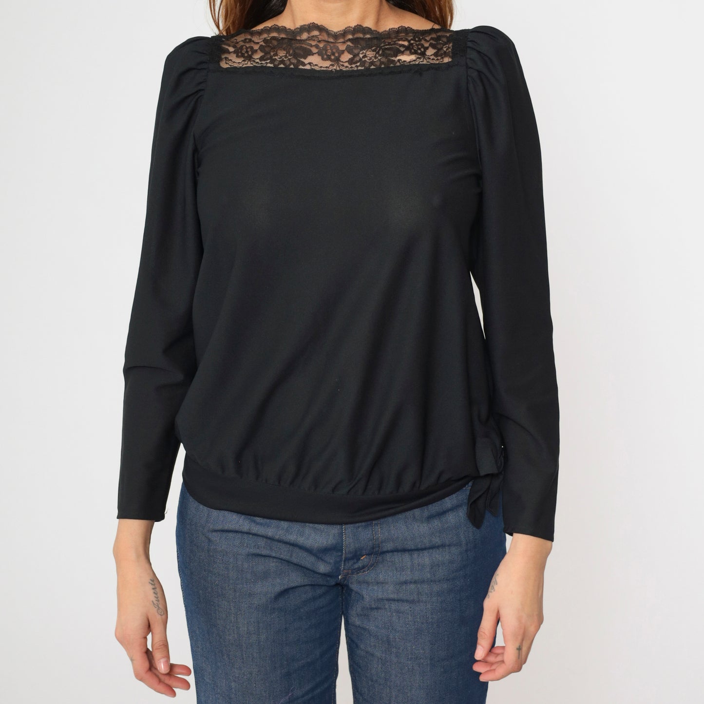 Vintage Black Lace Trim Puff Sleeve Blouse XS