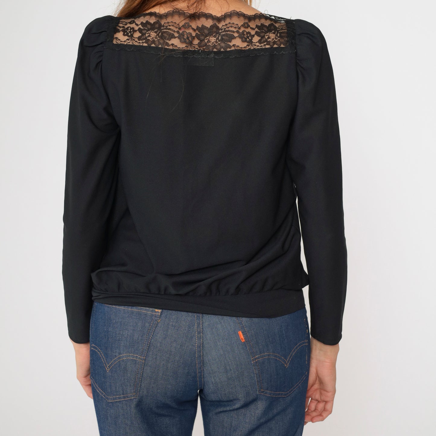 Vintage Black Lace Trim Puff Sleeve Blouse XS