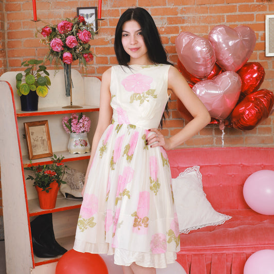 60s Ivory Pink Floral Print Dress