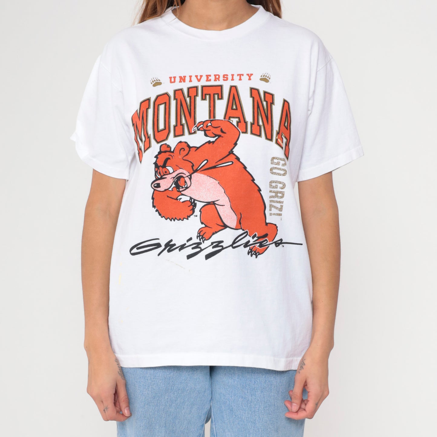 90s Montana Grizzlies Shirt White Bear Graphic Tee M