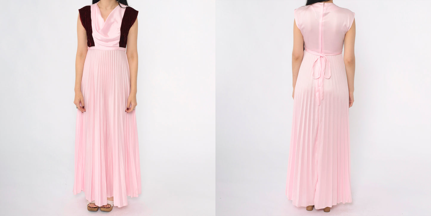 Vintage 70s Pink Velvet Trim Party Dress S