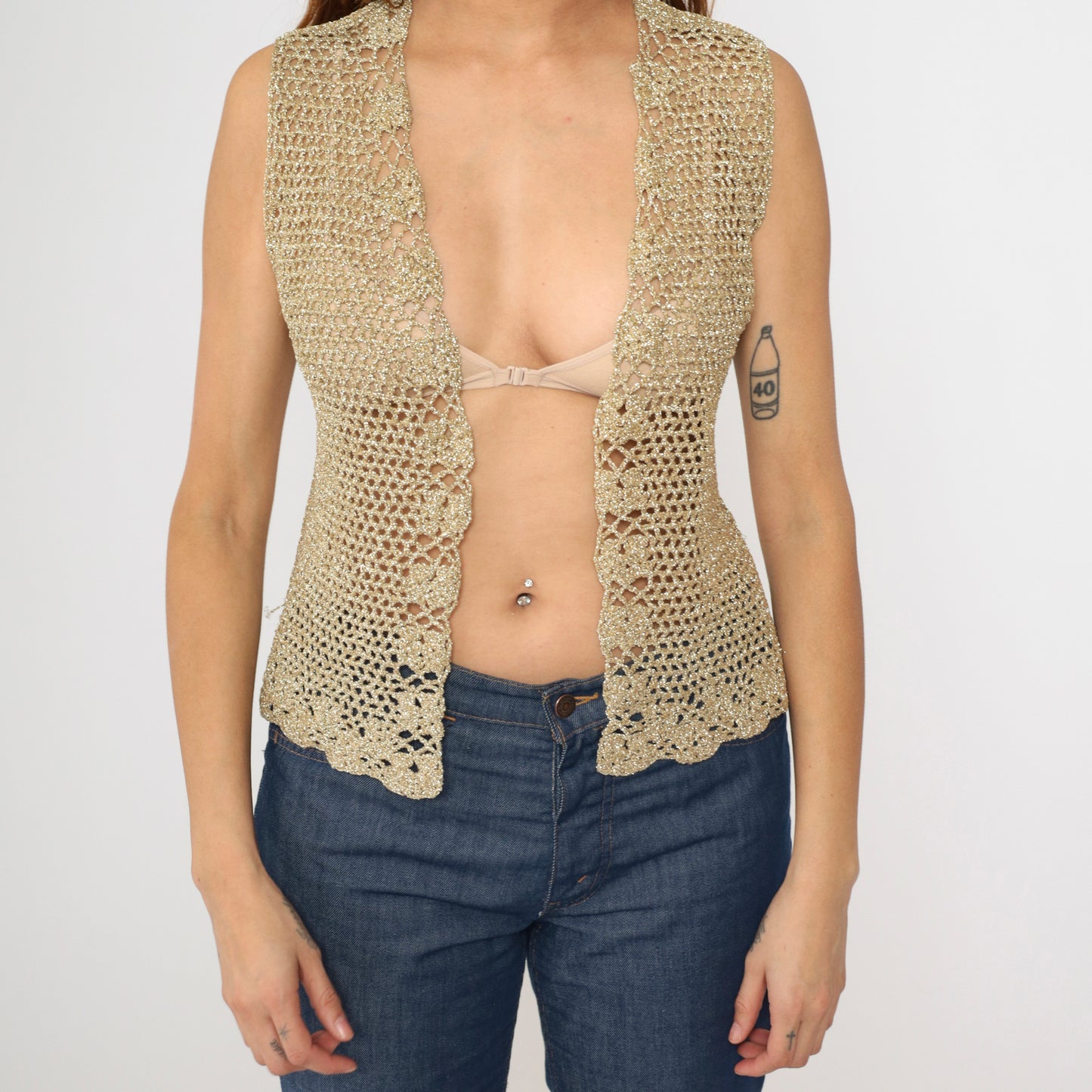 Vintage Gold Crochet Knit Vest S