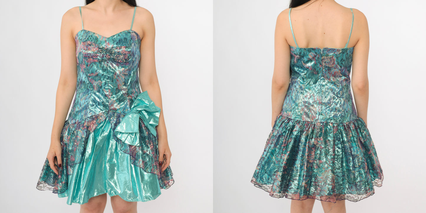 80s Teal Lame Lace Prom Dress S