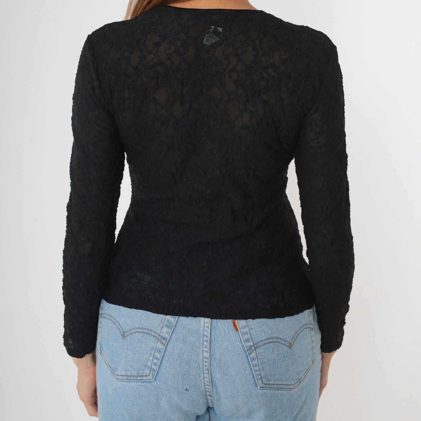 Y2K Sheer Black Lace Shirt S