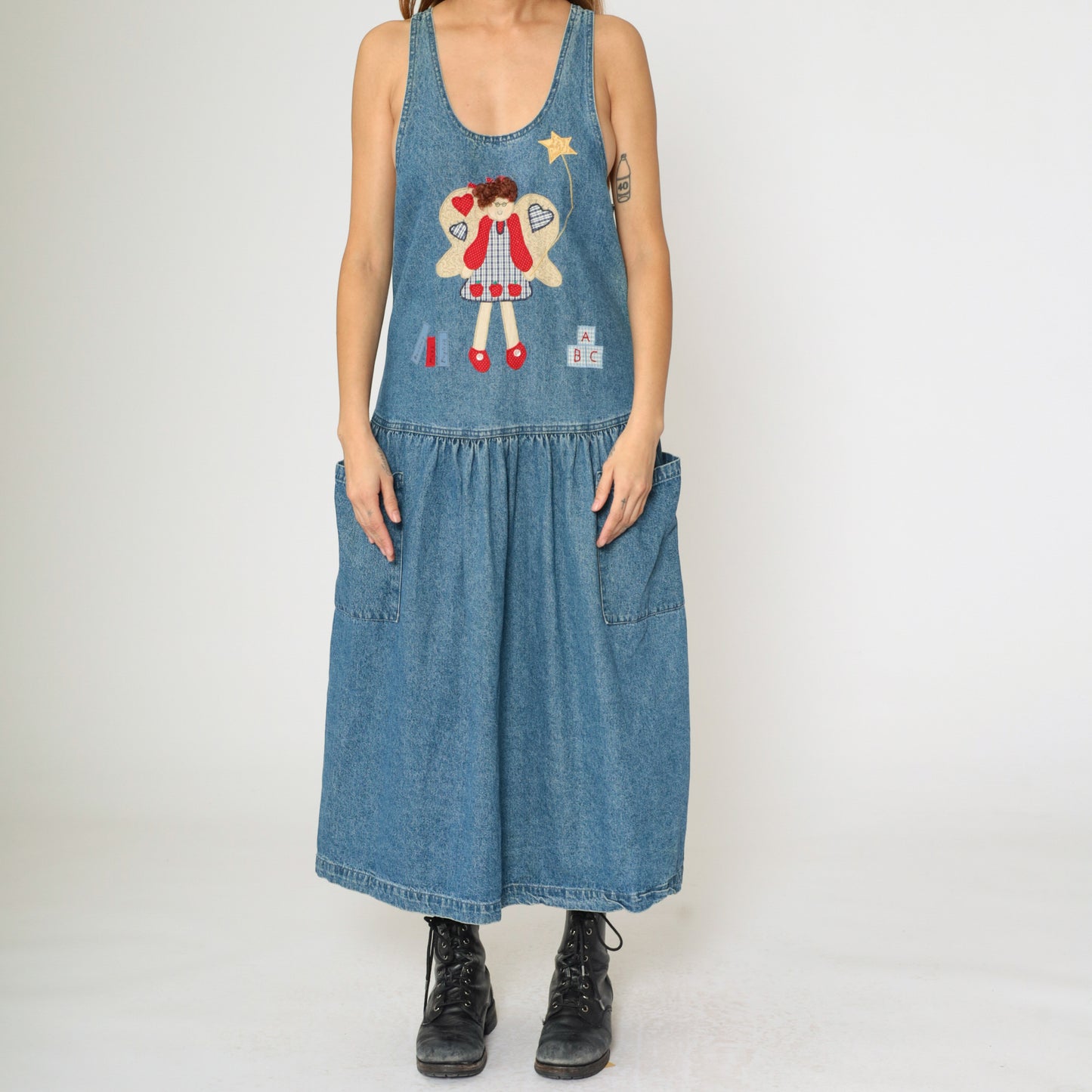 Vintage 90s Denim Teacher Dress with Angel Applique