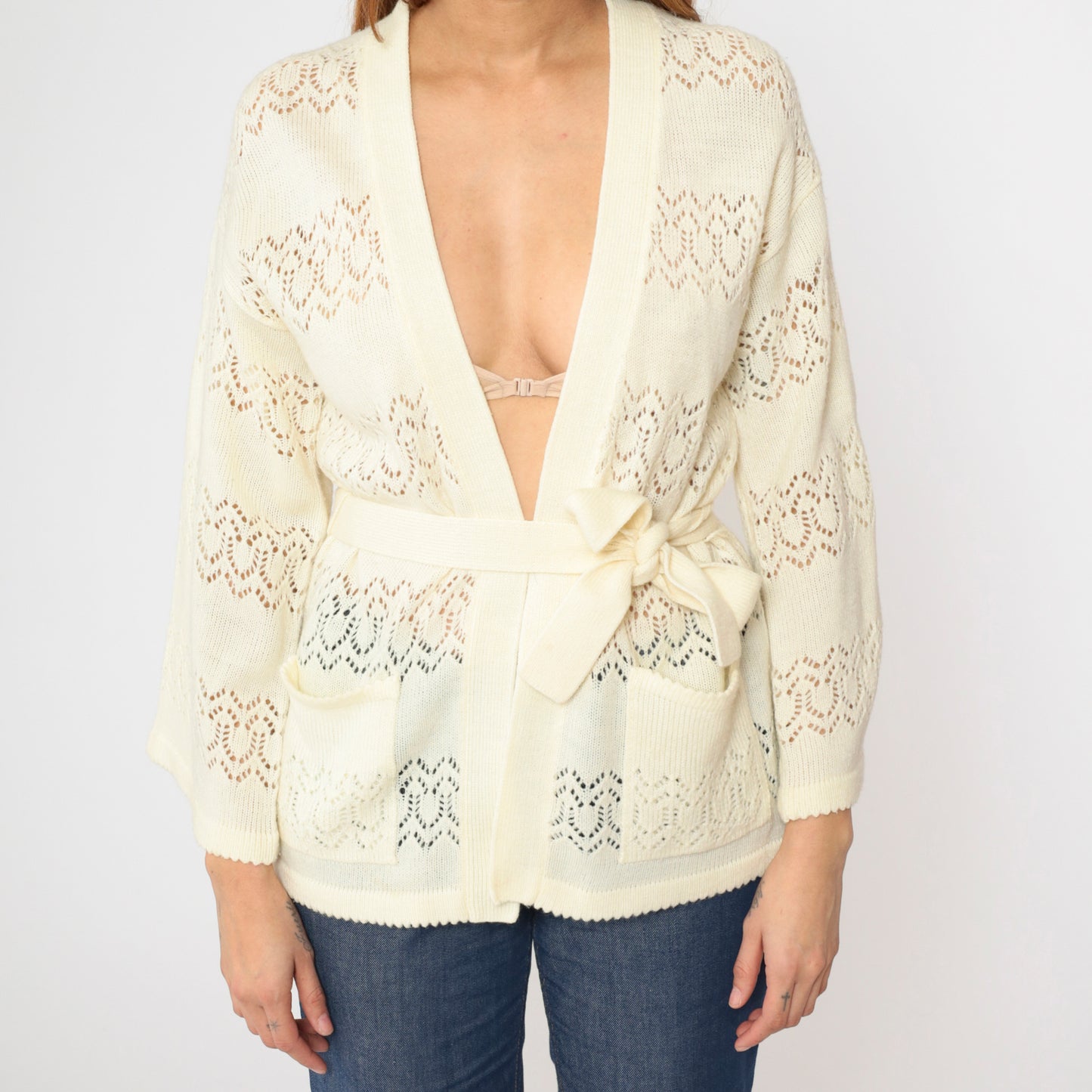 Vintage Sheer Cream Wrap Cardigan M