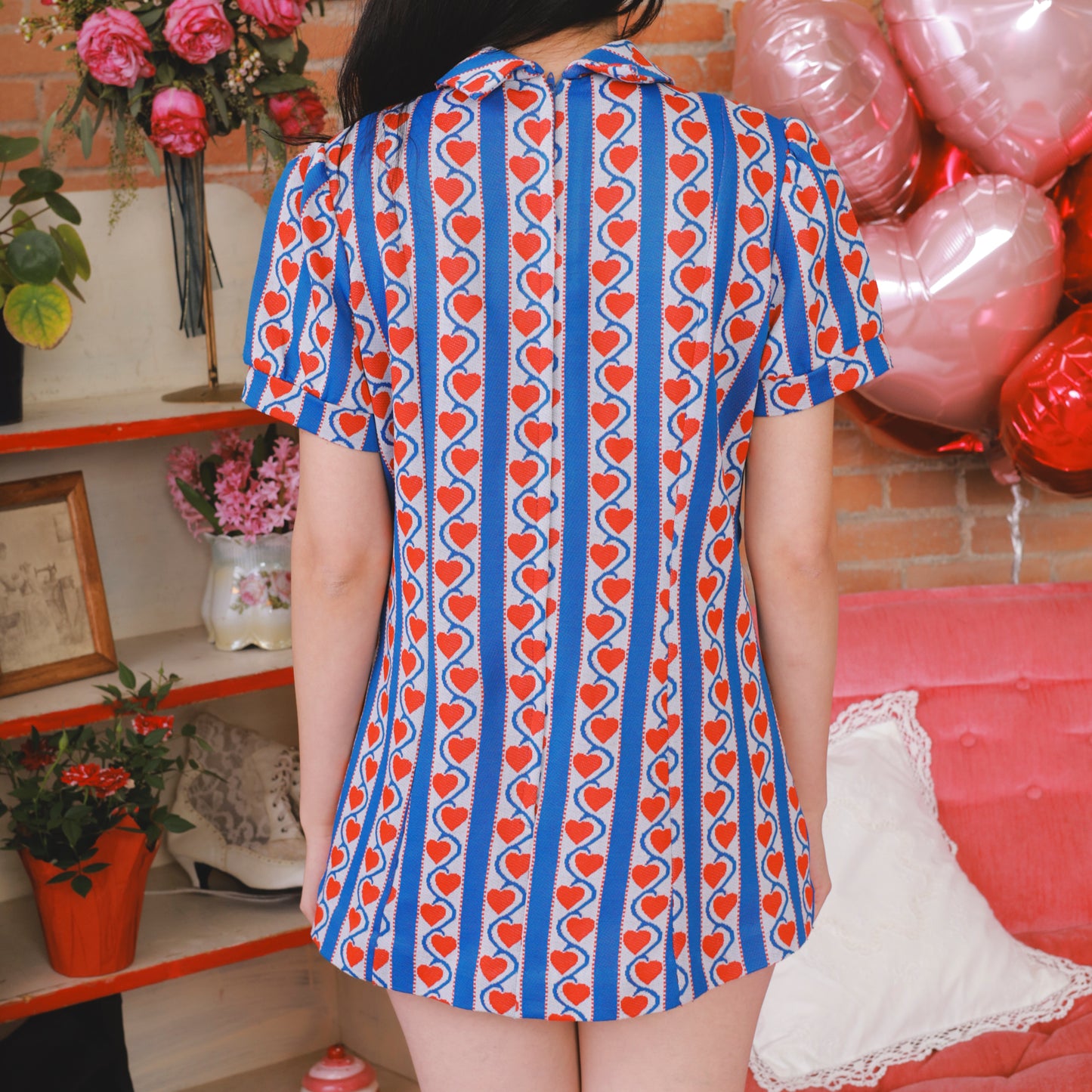 70s Blue Mini Mod Red Heart Print Dress