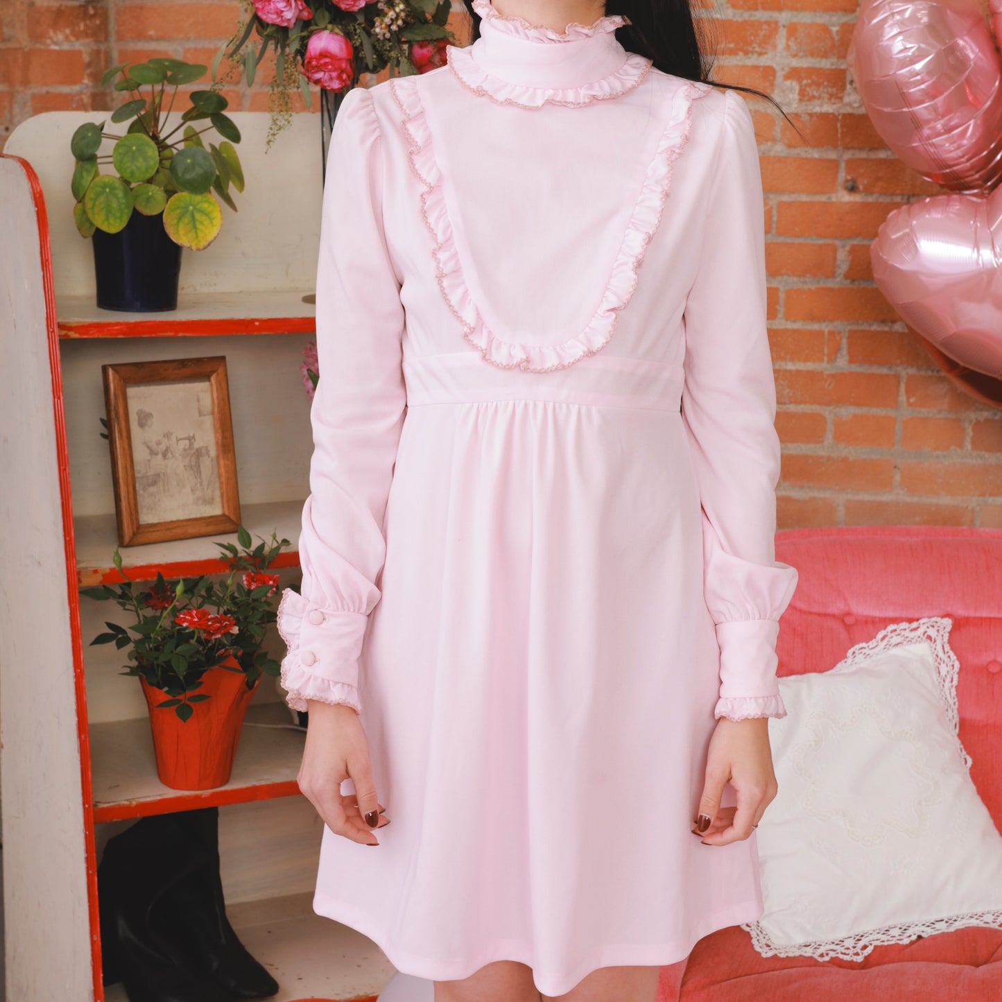 70s Babydoll Dress Baby Pink Mini Dress Mod Ruffle Bib