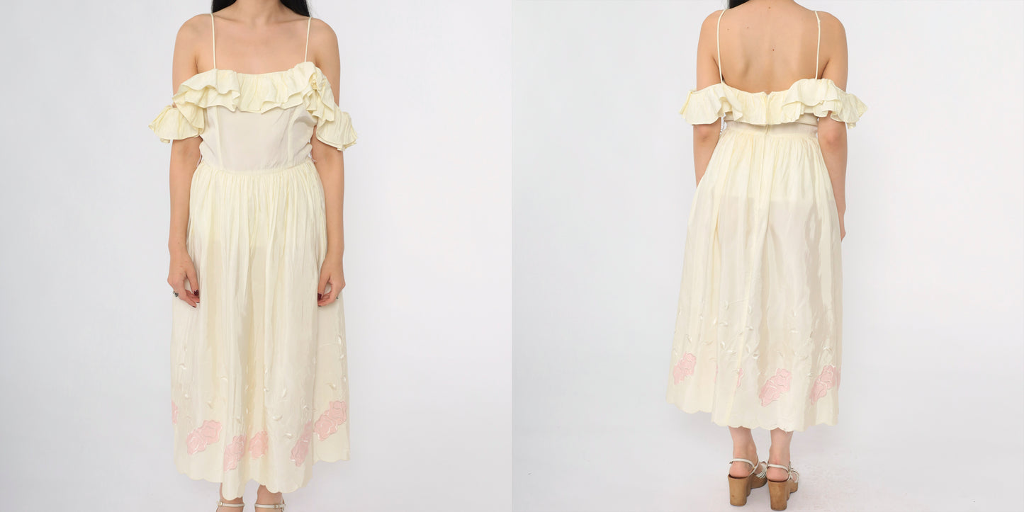 Vintage Off Shoulder Ruffle Party Dress S