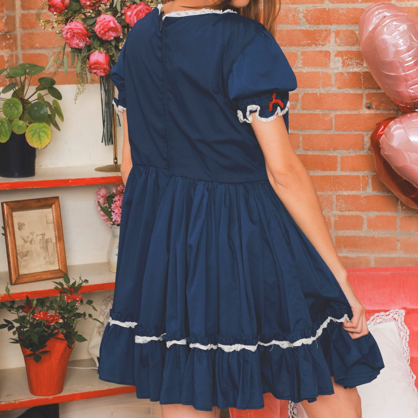 80s Prairie Dress Heart Button Navy Blue Mini