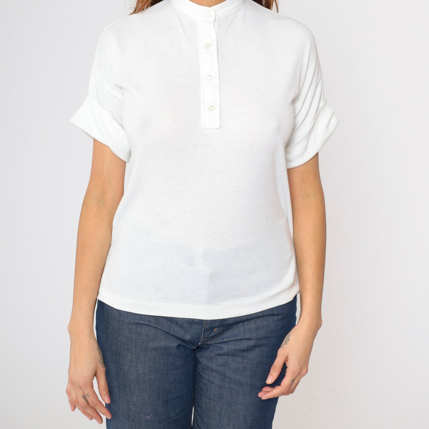 Vintage White Cuffed Henley Shirt S