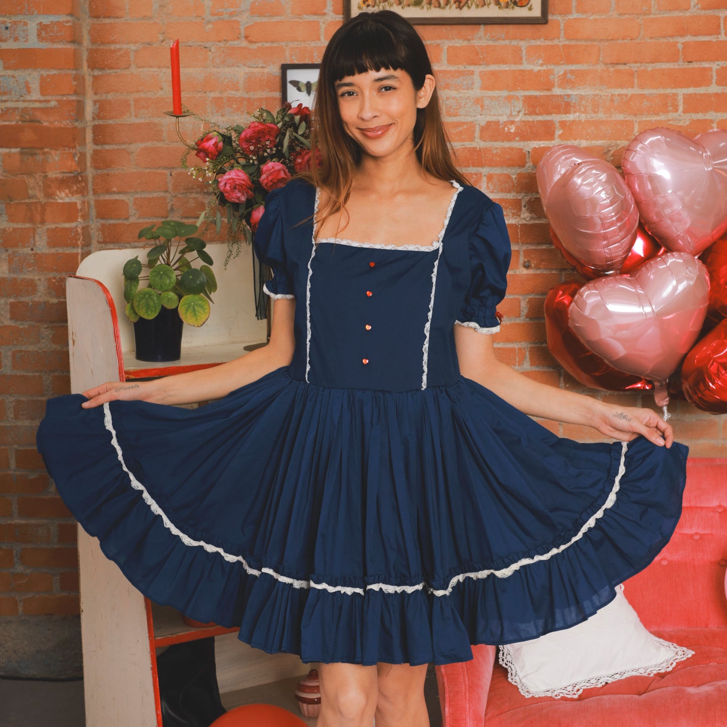 80s Prairie Dress Heart Button Navy Blue Mini